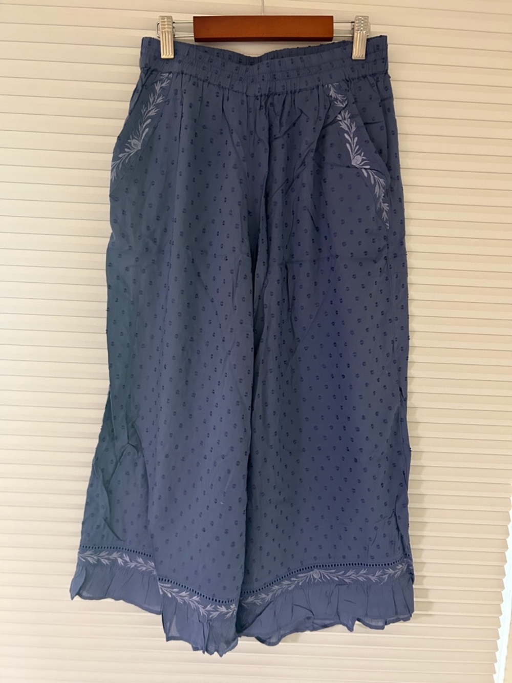 Anthropologie Periwinkle Blue Embroidered Wide-Leg Cropped Pajama Pants